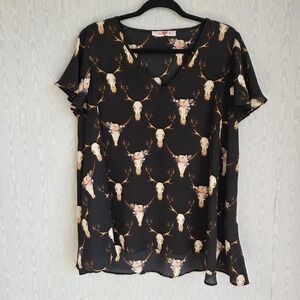 Buddy Love Womens M Swing Top Sheer Chiffon Cow Skull Rose Flutter Western Boho